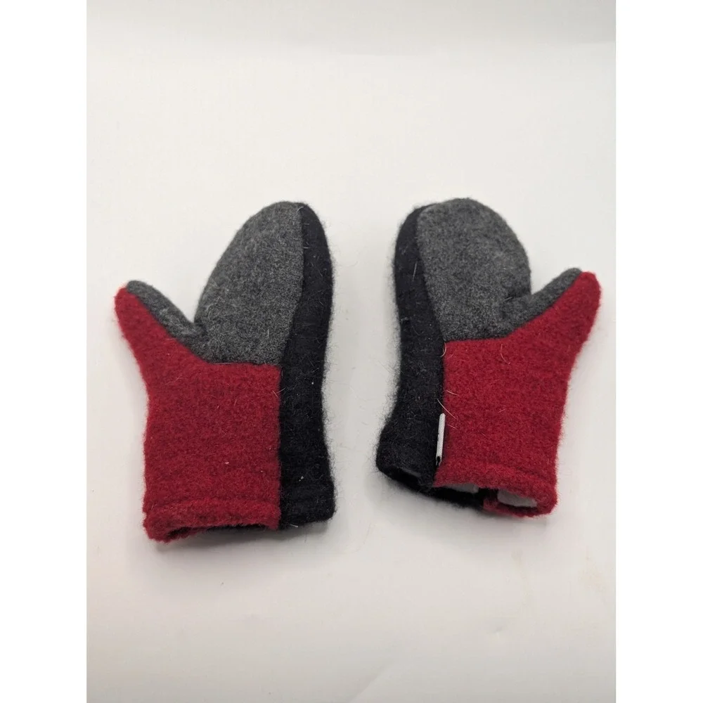 Shrunk Woolery Felted Wool Mittens Red Black Grey Colorblock Fleece Line Handmde